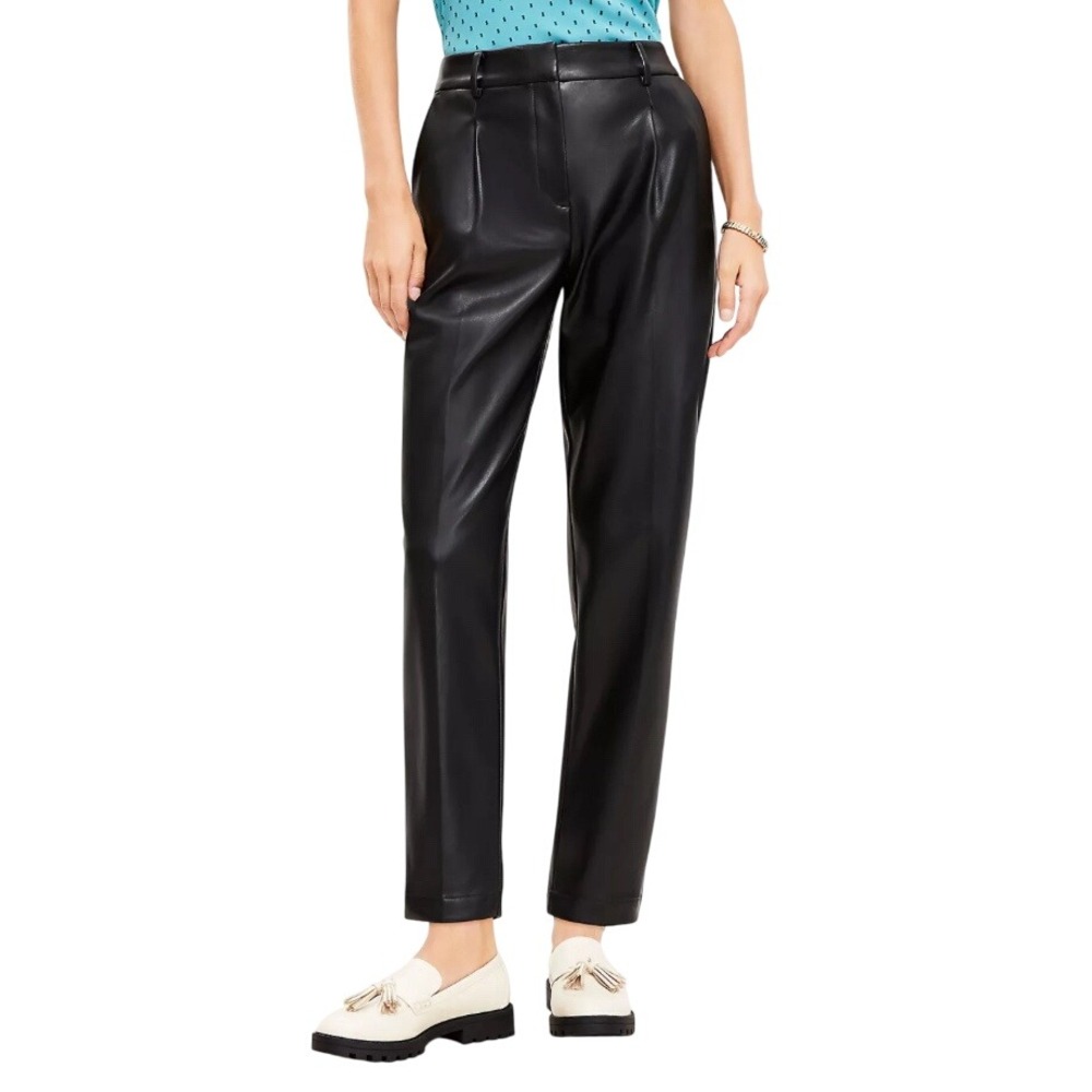 NWT LOFT Faux Leather Pleated Front Career Pants Black Size‎ 2 Tapered Trousers